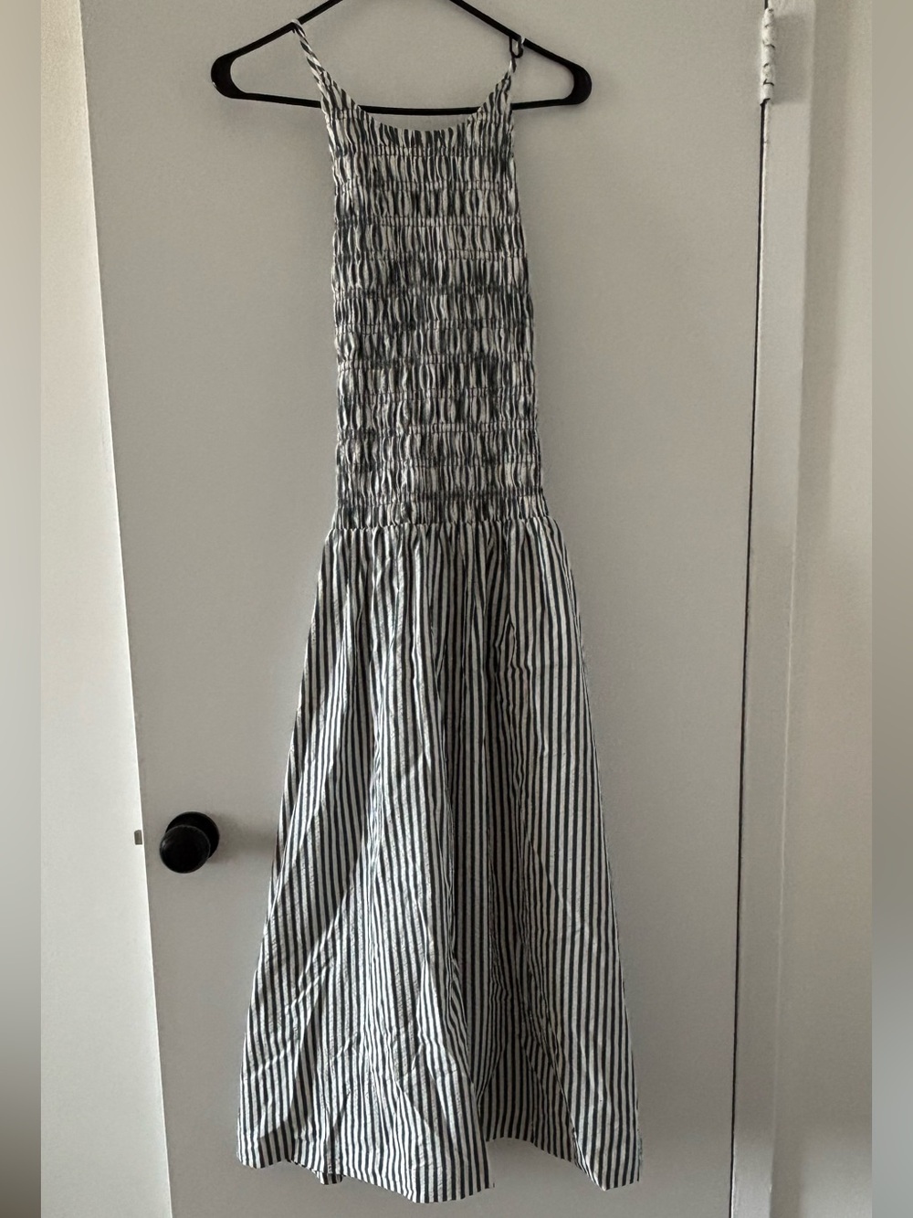 LOFT Striped Smocked Maxi Dress in Navy and White